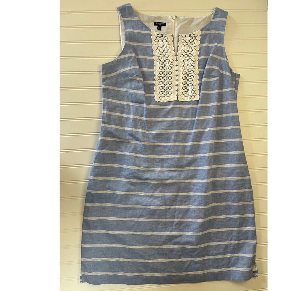 Talbots Petites Blue White Striped Linen Blend Crochet‎ Lace Shift Dress 12P
